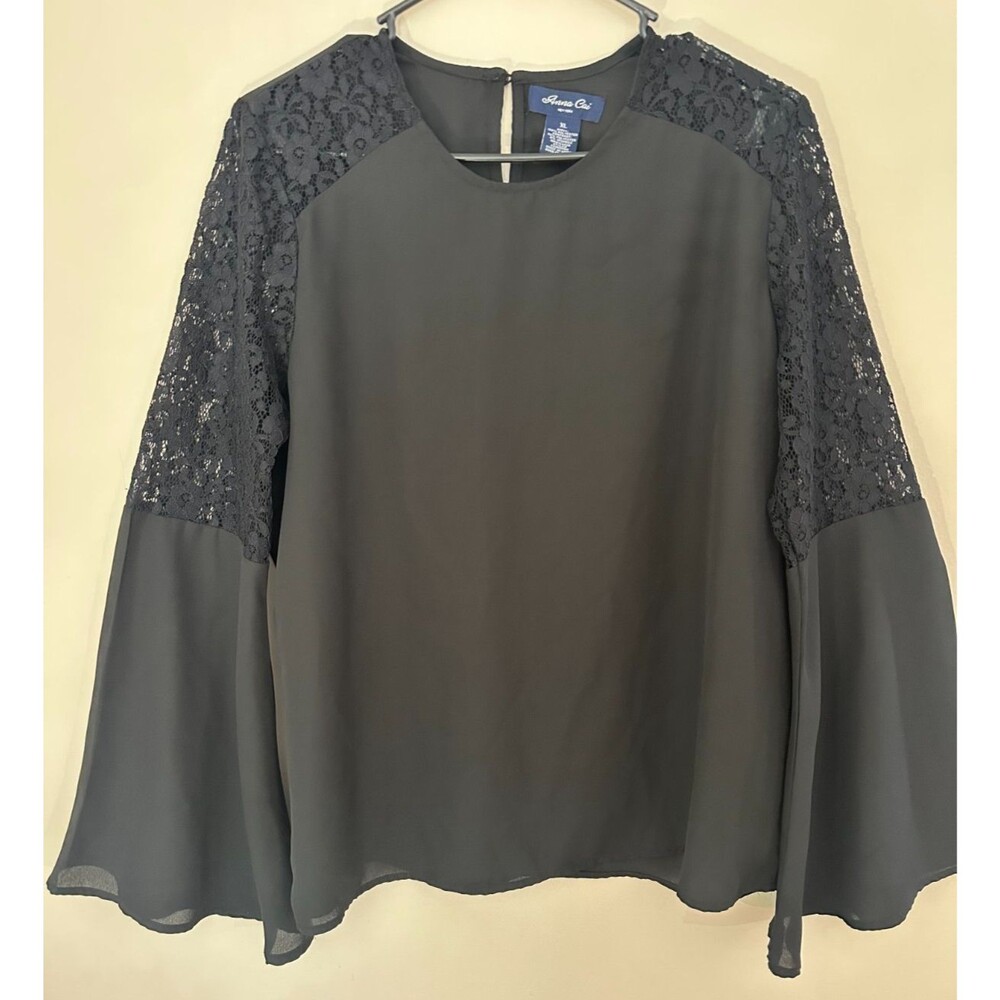 Anna Cai black blouse lace detailing and bell sleeve SIZE XL
